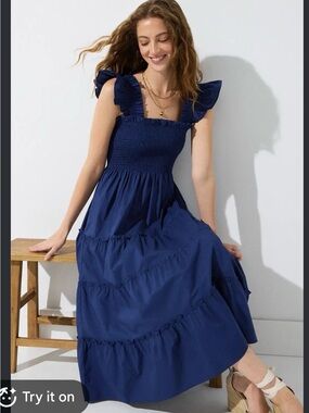 Hill House Navy Smocked Tiered Maxi Dress with Ruffle Straps